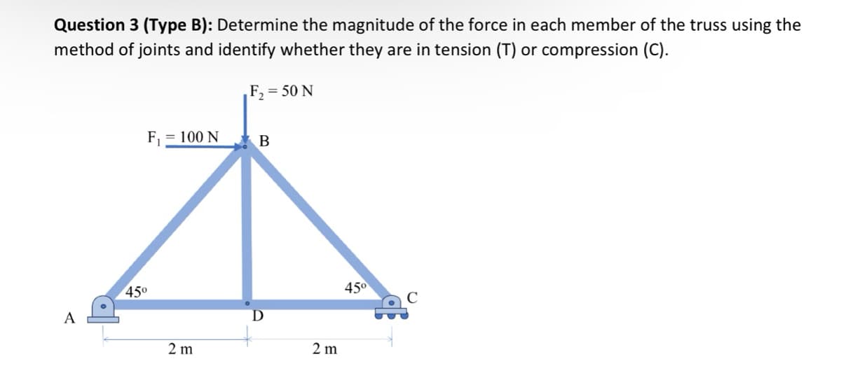 Question 3 (Type B): Determine the magnitude of the force in each member of the truss using the
method of joints and identify whether they are in tension (T) or compression (C).
A
45°
F2 = 50 N
F₁ = 100 N
B
2 m
2 m
45°