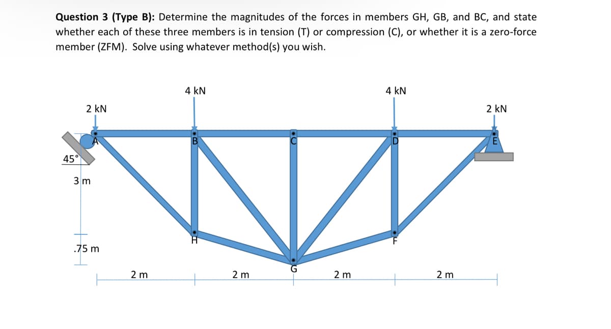 Question 3 (Type B): Determine the magnitudes of the forces in members GH, GB, and BC, and state
whether each of these three members is in tension (T) or compression (C), or whether it is a zero-force
member (ZFM). Solve using whatever method(s) you wish.
2 kN
45°
3m
.75 m
4 kN
4 kN
2 kN
2 m
2 m
2 m
2 m