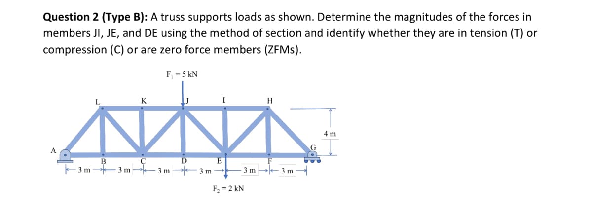 Question 2 (Type B): A truss supports loads as shown. Determine the magnitudes of the forces in
members JI, JE, and DE using the method of section and identify whether they are in tension (T) or
compression (C) or are zero force members (ZFMS).
3 m
L
K
F₁ = 5 kN
H
B
E
3m 3m
3 m
3 m 3 m
F₂ = 2 kN
4 m