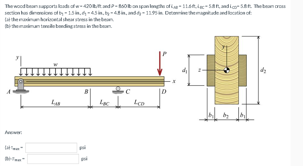 The wood beam supports loads of w= 420 lb/ft and P = 860 lb on span lengths of LAB = 11.6 ft, Lec=5.8 ft, and Lcp-5.8 ft. The beam cross
section has dimensions of b₁ = 1.5 in., d₁ = 4.5 in., b₂ = 4.8 in., and d₂ = 11.95 in. Determine the magnitude and location of:
(a) the maximum horizontal shear stress in the beam.
(b) the maximum tensile bending stress in the beam.
A
Answer:
(a) Tmax=
(b) gmax=
LAB
B
psi
psi
LBC
LCD
D
X
d₁
b₂ b₁