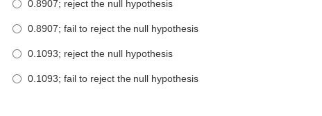 0.8907; reject the null hypothesis
0.8907; fail to reject the null hypothesis
0.1093; reject the null hypothesis
O 0.1093; fail to reject the null hypothesis
