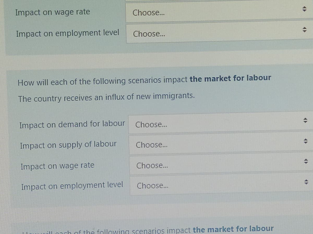 Impact on wage rate
Impact on employment level
Impact on demand for labour
Impact on supply of labour
Choose...
How will each of the following scenarios impact the market for labour
The country receives an influx of new immigrants.
Impact on wage rate
Impact on employment level
Choose...
Choose...
Choose...
Choose...
Choose...
Loach of the following scenarios impact the market for labour
4
46
<>
<>