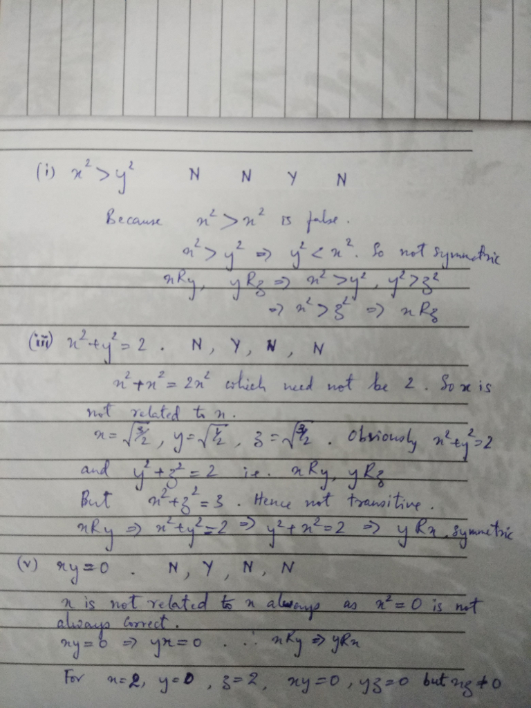 (i)
N N
Because
n² >n² 1s
N, Y, N,
n²+n²= 2n° ehich need not be 2
So x is
mot related to n.
obviously n'ej>2
aky yhg
Hence not transitine.
and
it.
But
n+2 =3.
mne
N, Y, N, N
nis not related to n
aluways Gneet.
as a* =0 is not
For
n=2, yeD, s-2, ny=0,43-0 but ng +0
