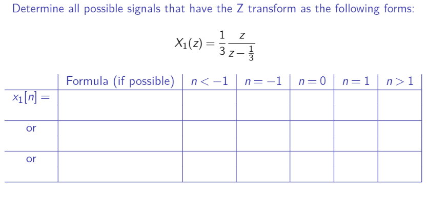 Determine all possible signals that have the Z transform as the following forms:
X;(2) = 3
1
1
3
Formula (if possible)
n<-1 n=-1 n=0 n=1n>1
x1[n] =
or
or
