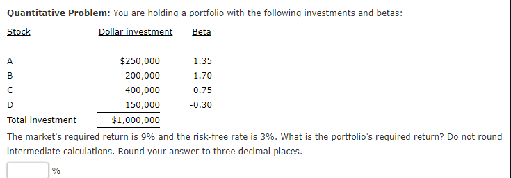 Quantitative Problem: You are holding a portfolio with the following investments and betas:
Stock
Dollar investment
Beta
A
$250,000
1.35
B
200,000
1.70
400,000
0.75
150,000
-0.30
Total investment
$1,000,000
The market's required return is 9% and the risk-free rate is 3%. What is the portfolio's required return? Do not round
intermediate calculations. Round your answer to three decimal places.
%
