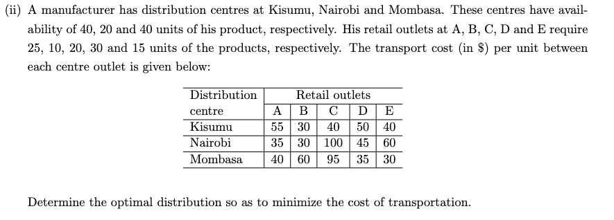 (ii) A manufacturer has distribution centres at Kisumu, Nairobi and Mombasa. These centres have avail-
ability of 40, 20 and 40 units of his product, respectively. His retail outlets at A, B, C, D and E require
25, 10, 20, 30 and 15 units of the products, respectively. The transport cost (in $) per unit between
each centre outlet is given below:
Retail outlets
E
Distribution
C |D
40 50 40
35 30 | 100 | 45
35 30
A B
55 30
centre
Kisumu
Nairobi
60
Mombasa
40 60
95
Determine the optimal distribution so as to minimize the cost of transportation.
