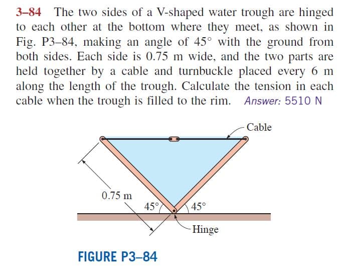 3-84 The two sides of a V-shaped water trough are hinged
to each other at the bottom where they meet, as shown in
Fig. P3-84, making an angle of 45° with the ground from
both sides. Each side is 0.75 m wide, and the two parts are
held together by a cable and turnbuckle placed every 6 m
along the length of the trough. Calculate the tension in each
cable when the trough is filled to the rim. Answer: 5510 N
Cable
0.75 m
45°
45°
- Hinge
FIGURE P3-84
