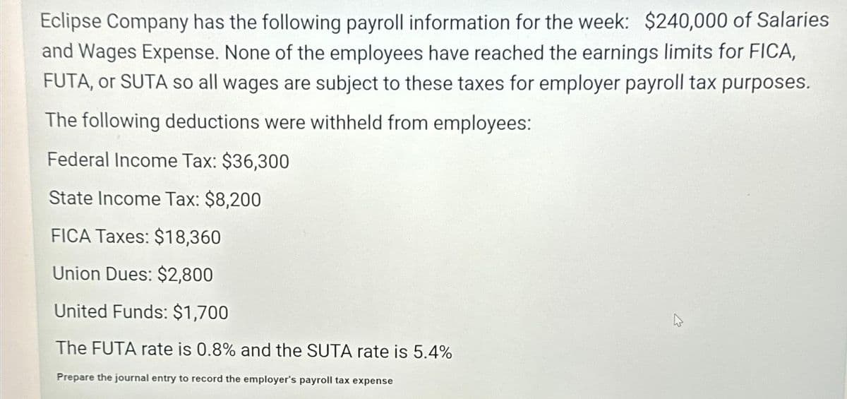 Eclipse Company has the following payroll information for the week: $240,000 of Salaries
and Wages Expense. None of the employees have reached the earnings limits for FICA,
FUTA, or SUTA so all wages are subject to these taxes for employer payroll tax purposes.
The following deductions were withheld from employees:
Federal Income Tax: $36,300
State Income Tax: $8,200
FICA Taxes: $18,360
Union Dues: $2,800
United Funds: $1,700
The FUTA rate is 0.8% and the SUTA rate is 5.4%
Prepare the journal entry to record the employer's payroll tax expense