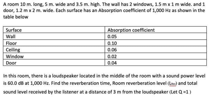 A room 10 m. long, 5 m. wide and 3.5 m. high. The wall has 2 windows, 1.5 m x 1 m wide. and 1
door, 1.2 m x 2 m. wide. Each surface has an Absorption coefficient of 1,000 Hz as shown in the
table below
Surface
Wall
Floor
Ceiling
Window
Door
Absorption coefficient
0.05
0.10
0.06
0.02
0.04
In this room, there is a loudspeaker located in the middle of the room with a sound power level
is 60.0 dB at 1,000 Hz. Find the reverberation time, Room reverberation level (Lev) and total
sound level received by the listener at a distance of 3 m from the loudspeaker (Let Q =1)