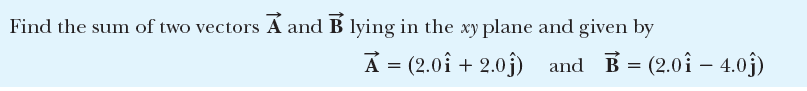 Find the sum of two vectors Á and B lying in the xy plane and given by
A = (2.0i + 2.0j)
and B = (2.0î – 4.0j)
-
