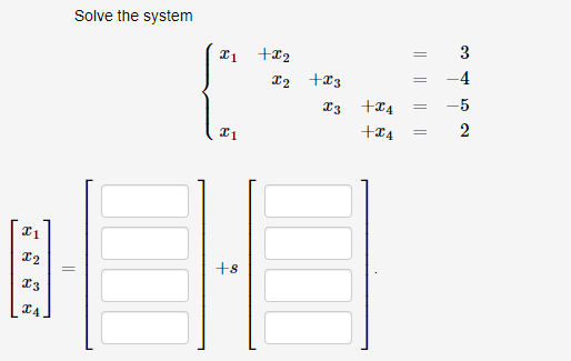 I1
I 2
I 3
I4
||
Solve the system
21
x1
+8
+x2
I2 +3
I3
+4 =
+x4
=
-4
-5
2