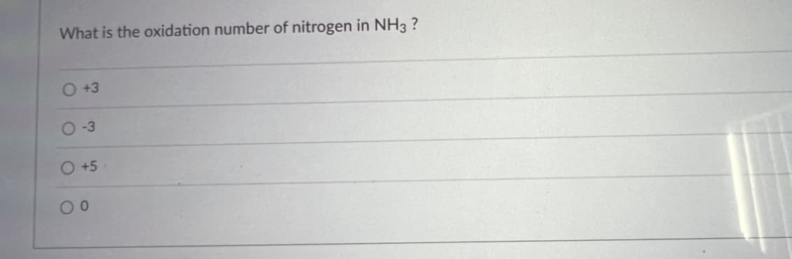 What is the oxidation number of nitrogen in NH3 ?
+3
O-3
O +5
0 0