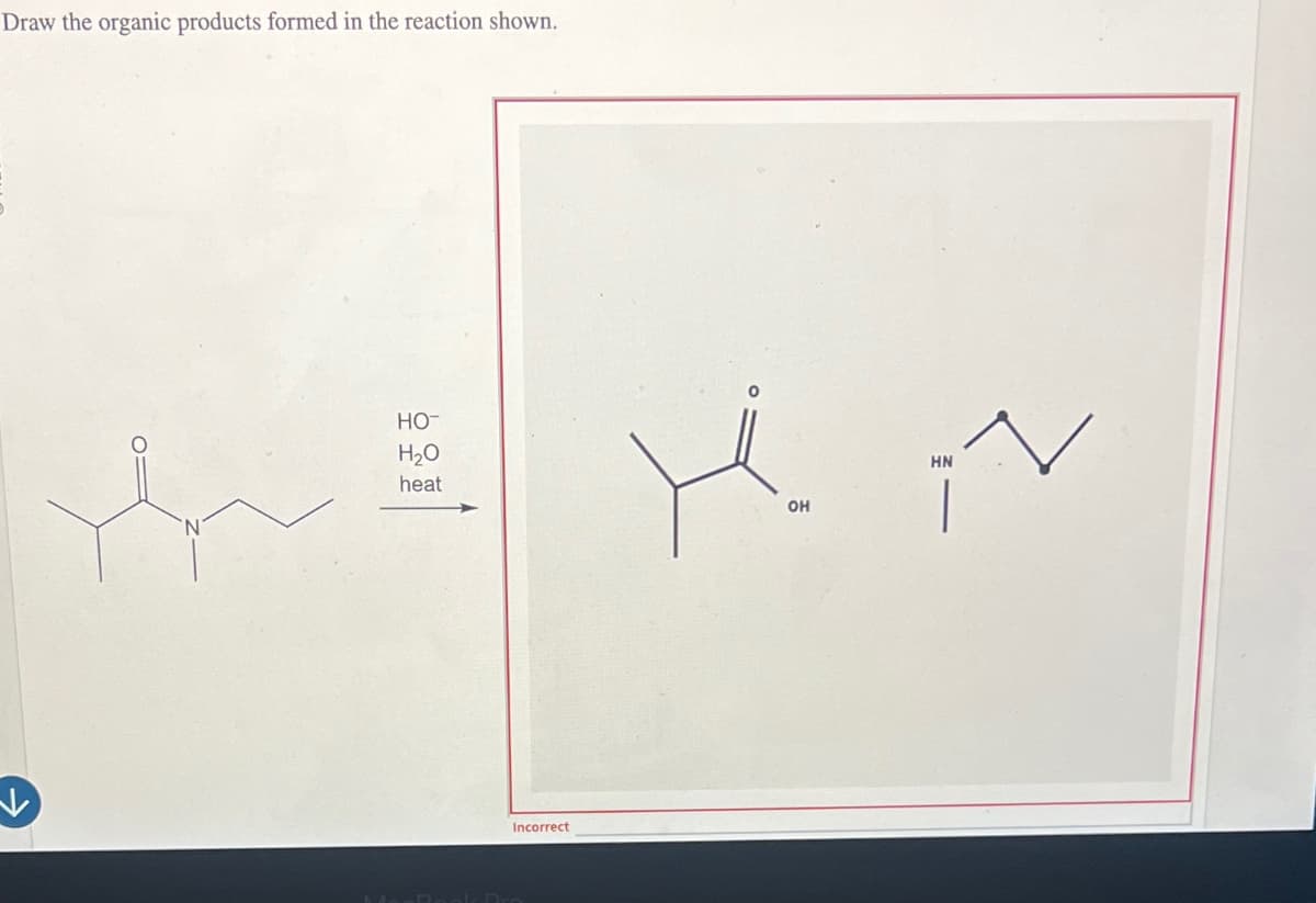Draw the organic products formed in the reaction shown.
но-
H₂O
heat
н
OH
Incorrect
HN