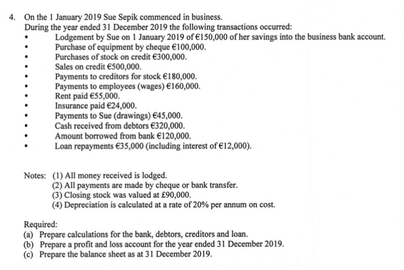 4. On the 1 January 2019 Sue Sepik commenced in business.
During the year ended 31 December 2019 the following transactions occurred:
Lodgement by Sue on 1 January 2019 of €150,000 of her savings into the business bank account.
Purchase of equipment by cheque €100,000.
Purchases of stock on credit €300,000.
Sales on credit €500,000.
Payments to creditors for stock €180,000.
Payments to employees (wages) €160,000.
Rent paid €55,000.
Insurance paid €24,000.
Payments to Sue (drawings) €45,000.
Cash received from debtors €320,000.
Amount borrowed from bank €120,000.
Loan repayments €35,000 (including interest of €12,000).
Notes: (1) All money received is lodged.
(2) All payments are made by cheque or bank transfer.
(3) Closing stock was valued at £90,000.
(4) Depreciation is calculated at a rate of 20% per annum on cost.
Required:
(a) Prepare calculations for the bank, debtors, creditors and loan.
(b) Prepare a profit and loss account for the year ended 31 December 2019.
(c) Prepare the balance sheet as at 31 December 2019.