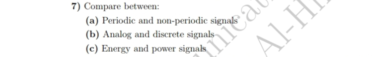 7) Compare between:
(a) Periodic and non-periodic signals
(b) Analog and discrete signals
(c) Energy and power signals
Al-H
inica