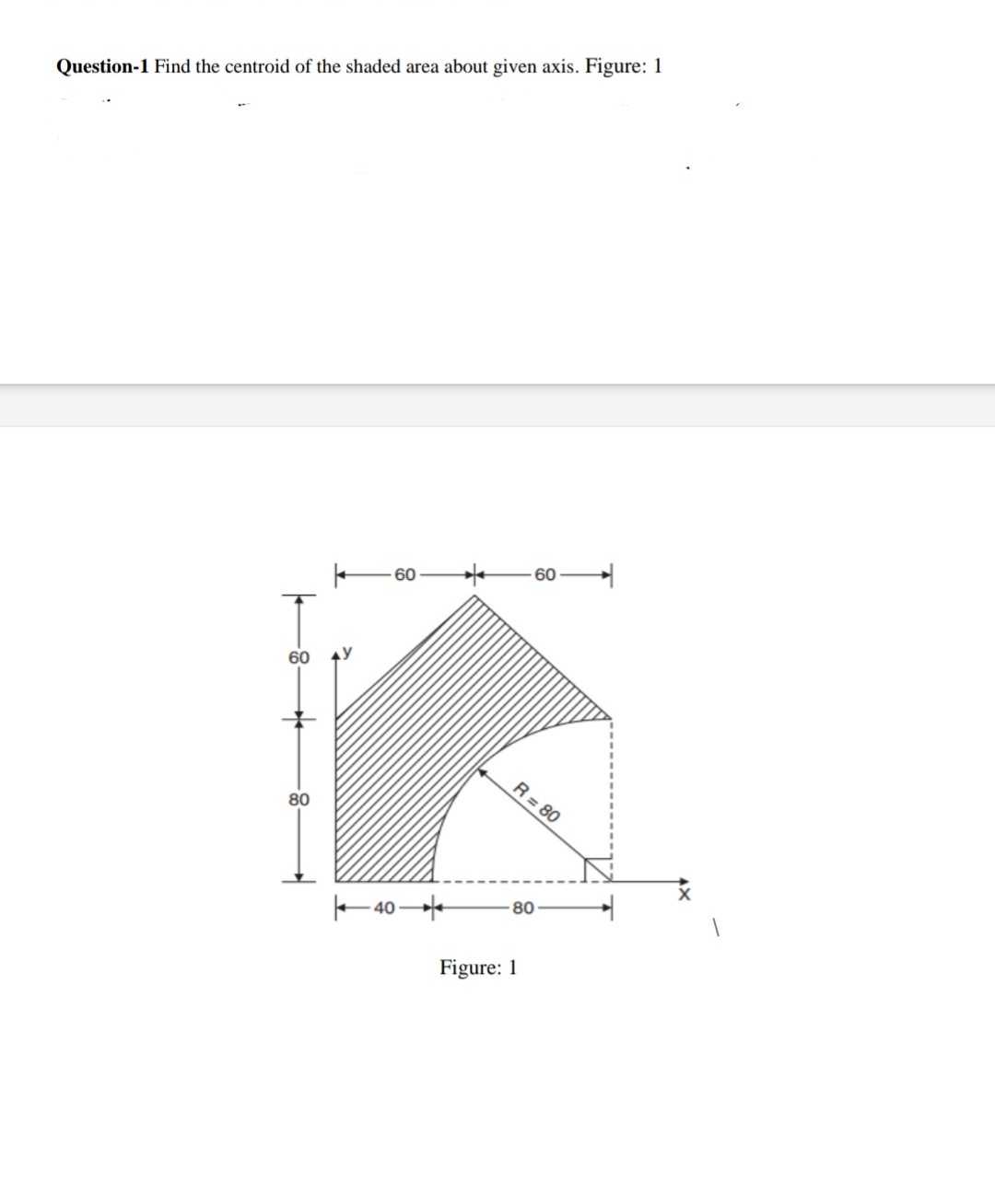 Question-1 Find the centroid of the shaded area about given axis. Figure: 1
60
60
60
R= 80
80
E 40 e
-80
Figure: 1
