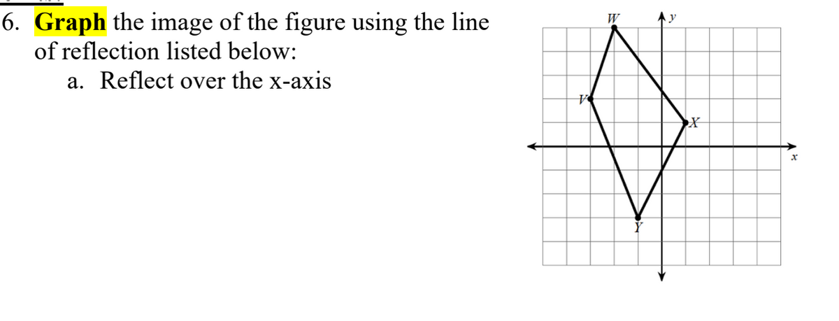 6. Graph the image of the figure using the line
of reflection listed below:
a. Reflect over the x-axis
W
Ay
V
Ø
X
x