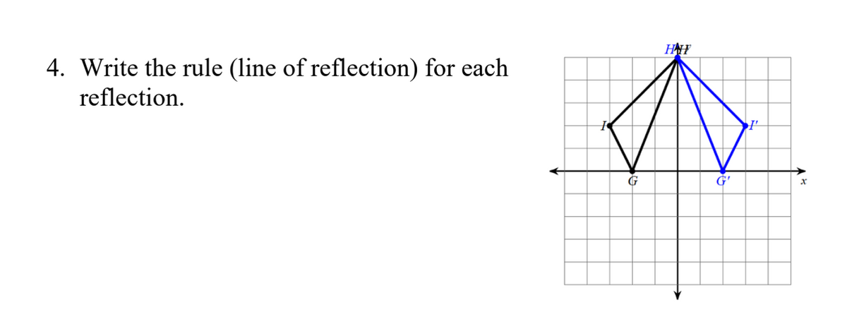 4. Write the rule (line of reflection) for each
reflection.
G
HAH
G'
X