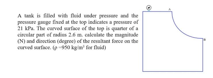 A tank is filled with fluid under pressure and the
pressure gauge fixed at the top indicates a pressure of
21 kPa. The curved surface of the top is quarter of a
circular part of radius 2.6 m. calculate the magnitude
(N) and direction (degree) of the resultant force on the
curved surface. (p =950 kg/m³ for fluid)
IB
