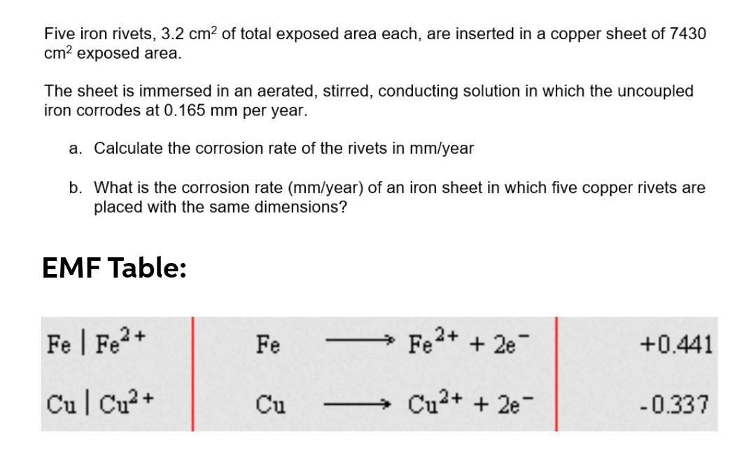 Five iron rivets, 3.2 cm2 of total exposed area each, are inserted in a copper sheet of 7430
cm? exposed area.
The sheet is immersed in an aerated, stirred, conducting solution in which the uncoupled
iron corrodes at 0.165 mm per year.
a. Calculate the corrosion rate of the rivets in mm/year
b. What is the corrosion rate (mm/year) of an iron sheet in which five copper rivets are
placed with the same dimensions?
EMF Table:
Fe | Fe2+
Fe
Fe2+ + 2e
+0.441
Cu Cu?+
Cu
Cu2+ + 2e-
-0.337
