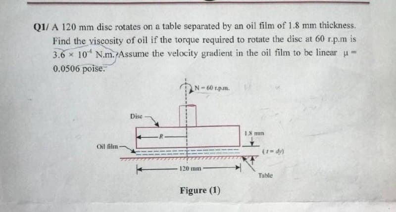 Q1/ A 120 mm disc rotates on a table separated by an oil film of 1.8 mm thickness.
Find the viscosity of oil if the torque required to rotate the dise at 60 r.p.m is
3.6 x 10 N.m. Assume the velocity gradient in the oil film to be linear u=
0.0506 poise.
%3D
N-60 r.p.m.
Dise
1.8 mm
Oil film
(1= dy)
120 mm
Table
Figure (1)
