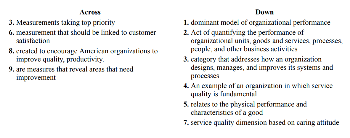 Across
3. Measurements taking top priority
6. measurement that should be linked to customer
satisfaction
8. created to encourage American organizations to
improve quality, productivity.
9. are measures that reveal areas that need
improvement
Down
1. dominant model of organizational performance
2. Act of quantifying the performance of
organizational units, goods and services, processes,
people, and other business activities
3. category that addresses how an organization
designs, manages, and improves its systems and
processes
4. An example of an organization in which service
quality is fundamental
5. relates to the physical performance and
characteristics of a good
7. service quality dimension based on caring attitude