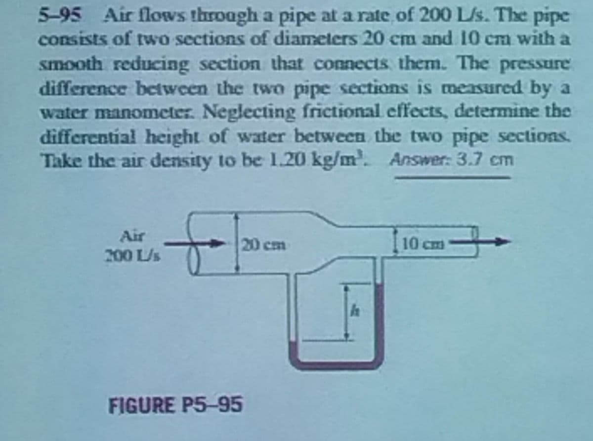 5-95 Air flows through a pipe at a rate of 200 L/s. The pipe
consists of two sections of diameters 20 cm and 10 cm with a
smooth reducing section that connects them. The pressure
difference between the two pipe sections is measured by a
water manometer. Neglecting frictional effects, determine the
differential height of water between the two pipe sections.
Take the air density to be 1.20 kg/m³. Answer: 3.7 cm
Air
200 L/s
20 cm
FIGURE P5-95
h
10 cm