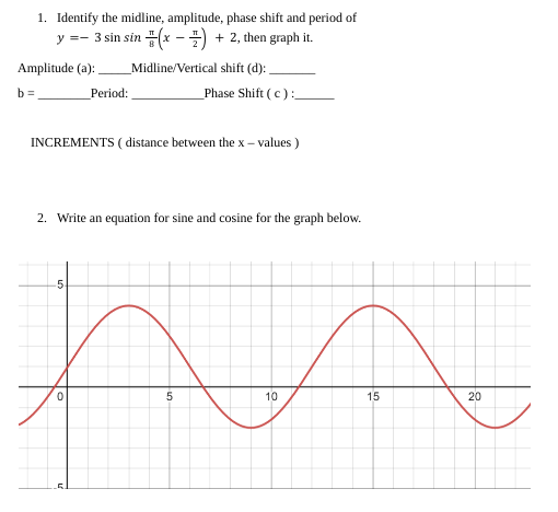 1. Identify the midline, amplitude, phase shift and period of
y =- 3 sin sin (x-1) + 2, then graph it.
Amplitude (a):
Midline/Vertical shift (d):
b=
Period:
Phase Shift (c):
INCREMENTS (distance between the x-values)
2. Write an equation for sine and cosine for the graph below.
5.
0
5
10
15
20