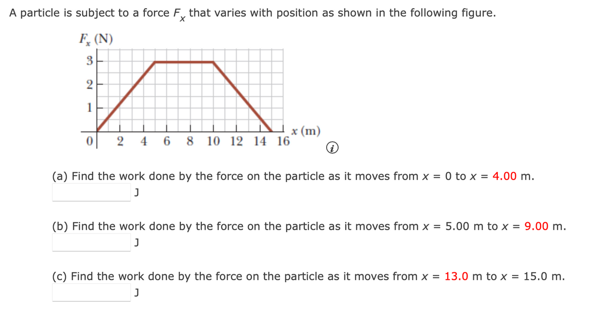 A particle is subject to a force FX that varies with position as shown in the following figure.
Fx (N)
00
3
2
1
x (m)
0
2
4 6 8 10 12 14 16
(a) Find the work done by the force on the particle as it moves from x = 0 to x = 4.00 m.
J
(b) Find the work done by the force on the particle as it moves from x = 5.00 m to x = 9.00 m.
J
(c) Find the work done by the force on the particle as it moves from x = 13.0 m to x = 15.0 m.
J