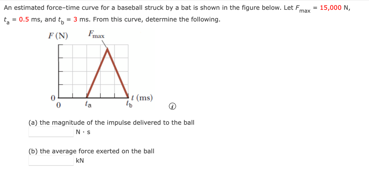 An estimated force-time curve for a baseball struck by a bat is shown in the figure below. Let F
ta
=
0.5 ms, and t
=
3 ms. From this curve, determine the following.
F(N)
Fmax
LA
ta
t (ms)
(a) the magnitude of the impulse delivered to the ball
N.S
(b) the average force exerted on the ball
KN
=
= 15,000 N,
max