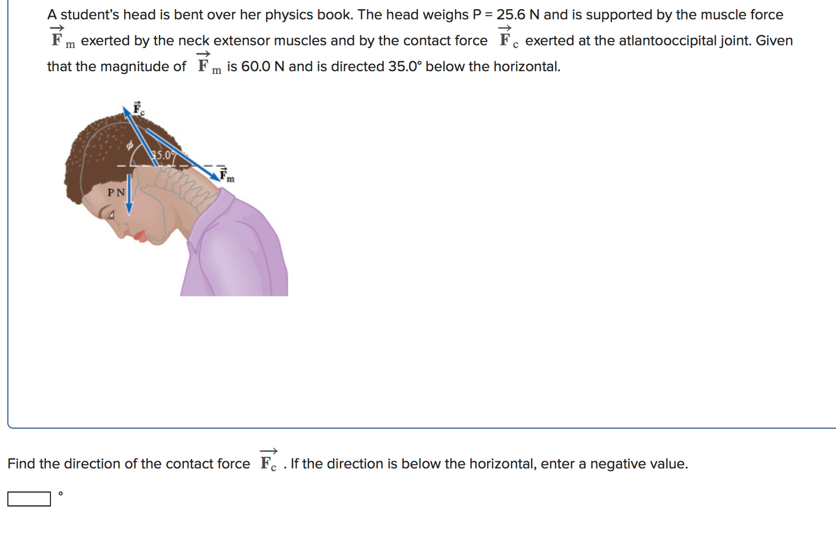 A student's head is bent over her physics book. The head weighs P = 25.6 N and is supported by the muscle force
Fm exerted by the neck extensor muscles and by the contact force Fc exerted at the atlantooccipital joint. Given
that the magnitude of Fm is 60.0 N and is directed 35.0° below the horizontal.
$5.0
PN
Find the direction of the contact force F. . If the direction is below the horizontal, enter a negative value.

