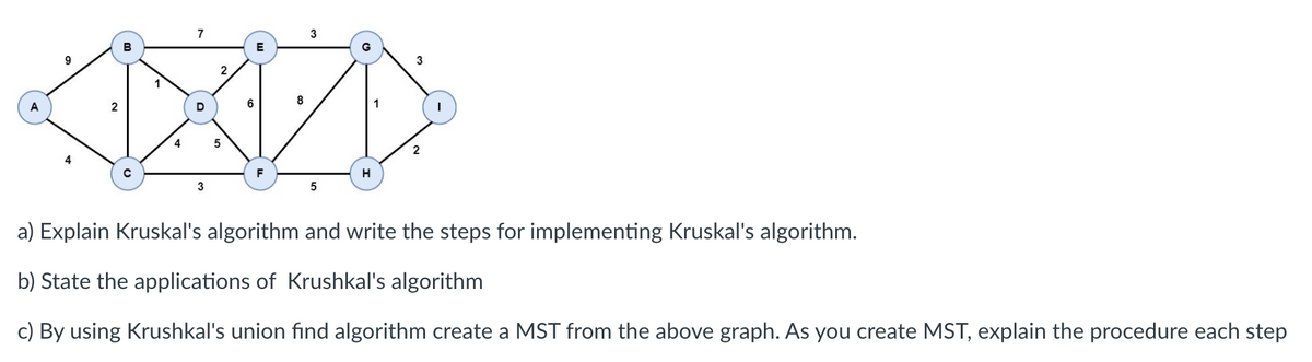 9
2
7
3
2
5
6
E
F
8
5
H
3
a) Explain Kruskal's algorithm and write the steps for implementing Kruskal's algorithm.
b) State the applications of Krushkal's algorithm
c) By using Krushkal's union find algorithm create a MST from the above graph. As you create MST, explain the procedure each step