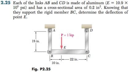 2.25 Each of the links AB and CD is made of aluminum (E = 10.9 x
10° psi) and has a cross-sectional area of 0.2 in?. Knowing that
they support the rigid member BC, determine the deflection of
point E.
A
D
P-1 kip
18 in.
E
B
22 in.
10 in.
Fig. P2.25
