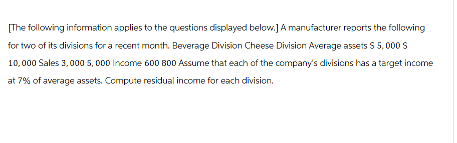 [The following information applies to the questions displayed below.] A manufacturer reports the following
for two of its divisions for a recent month. Beverage Division Cheese Division Average assets $5,000 $
10,000 Sales 3,000 5,000 Income 600 800 Assume that each of the company's divisions has a target income
at 7% of average assets. Compute residual income for each division.