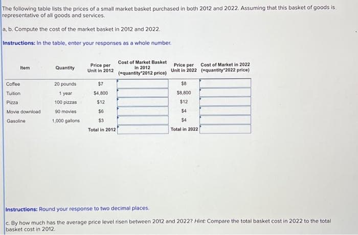 The following table lists the prices of a small market basket purchased in both 2012 and 2022. Assuming that this basket of goods is
representative of all goods and services.
a, b. Compute the cost of the market basket in 2012 and 2022.
Instructions: In the table, enter your responses as a whole number.
Item
Coffee
Tuition
Pizza
Movie download
Gasoline
Quantity
20 pounds
1 year
100 pizzas
90 movies
1,000 gallons
Price per
Unit in 2012
$7
$4,800
$12
$6
$3
Total in 2012
Cost of Market Basket
In 2012
(=quantity 2012 price)
Price per
Unit in 2022
$8
$8,800
$12
$4
$4
Total in 2022
Cost of Market in 2022
("quantity 2022 price)
Instructions: Round your response to two decimal places.
c. By how much has the average price level risen between 2012 and 2022? Hint: Compare the total basket cost in 2022 to the total
basket cost in 2012.