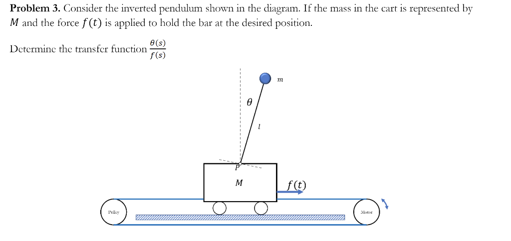 Problem 3. Consider the inverted pendulum shown in the diagram. If the mass in the cart is represented by
M and the force f(t) is applied to hold the bar at the desired position.
Determine the transfer function
Pulley
0 (s)
f(s)
L
M
f(t)
Motor