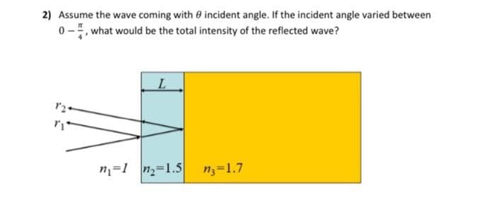 2) Assume the wave coming with 8 incident angle. If the incident angle varied between
0-, what would be the total intensity of the reflected wave?
12-
ri
L
n₁-1₂ 1.5
n3=1.7