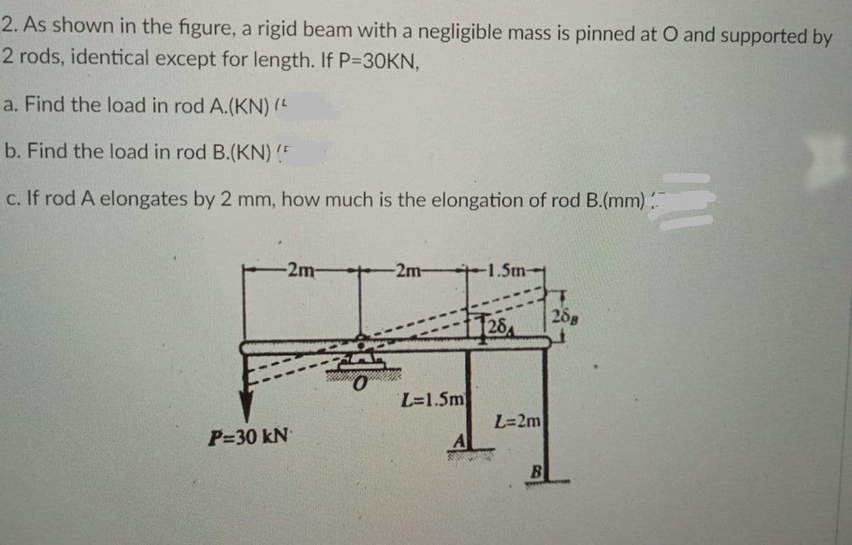 2. As shown in the figure, a rigid beam with a negligible mass is pinned at O and supported by
2 rods, identical except for length. If P-30KN,
a. Find the load in rod A.(KN) (L
b. Find the load in rod B.(KN)!
c. If rod A elongates by 2 mm, how much is the elongation of rod B.(mm)
2m-
-2m-
1.5m-
28g
1126
L=1.5m
L=2m
P=30 kN
B
