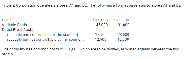 Triple Z Corporation operates 2 stores: A1 and B2. The following information relates to stores A1 and B2:
Sales
Variable Costs
P100,000 P130,000
45,000
91,000
Direct Fixed Costs:
Traceable and controllable by the segment
Traceable but not controllable by the segment
17,500
12,500
23,000
12,000
The company has common costs of P10,000 which are to be divided/allocated equally between the two
stores.
