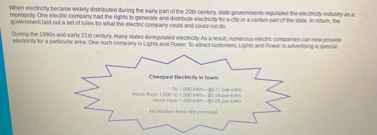 When electricity became widely distributed during the early part of the 20th century, state governments regulated the electricity industry as a
monopoly. One electric company had the rights to generate and distribute electricity for a city or a certain part of the state. In return, the
government laid out a set of rules for what the electric company could and could not do.
During the 1990s and early 21st century, many states deregulated electricity. As a result, numerous electric companies can now provide
electricity for a particular area. One such company is Lights and Power. To attract customers, Lights and Power is advertising a special
Cheapest Electricity in Town!
To 1.000 kWh-$0.11 per kWh
More than 1,000 to 1.500 kWh-$0.18 per kWh
More than 1,500 kWh-$0.25 per kWh
No hidden fees! We promise!
