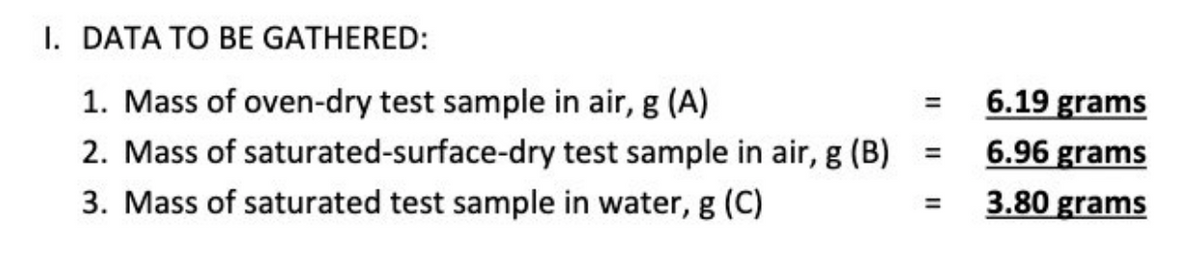 I. DATA TO BE GATHERED:
1. Mass of oven-dry test sample in air, g (A)
6.19 grams
%3D
2. Mass of saturated-surface-dry test sample in air, g (B)
3. Mass of saturated test sample in water, g (C)
6.96 grams
3.80 grams
%3D

