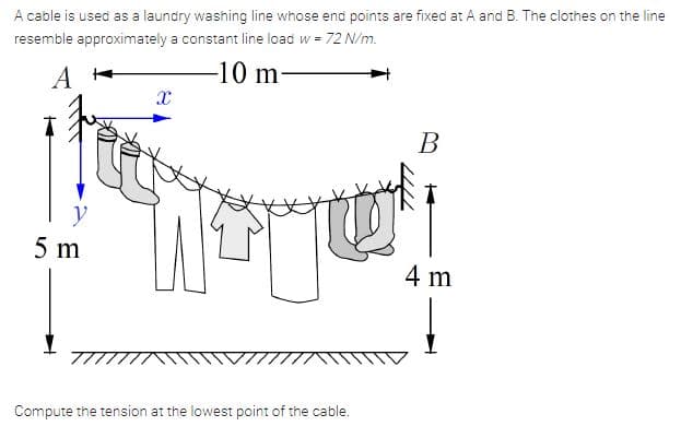 A cable is used as a laundry washing line whose end points are fixed at A and B. The clothes on the line
resemble approximately a constant line load w = 72 N/m.
-10 m
В
y
5 m
4 m
Compute the tension at the lowest point of the cable.
