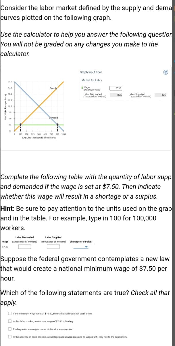Consider the labor market defined by the supply and dema
curves plotted on the following graph.
Use the calculator to help you answer the following question
You will not be graded on any changes you make to the
calculator.
WAGE (Dollars per hour)
20.0
17.5
15.0
12.5
10.0
7.5
5.0
2.5
0
Supply
Demand
125 250 375 500 625
625 750 875 1000
LABOR (Thousands of workers)
Graph Input Tool
Market for Labor
Wage
(Dollars per hour)
Labor Demanded
(Thousands of workers)
Labor Demanded
Labor Supplied
Wage (Thousands of workers) (Thousands of workers) Shortage or Surplus?
$7.50
Binding minimum wages cause frictional unemployment.
2.50
875
Complete the following table with the quantity of labor supp
and demanded if the wage is set at $7.50. Then indicate
whether this wage will result in a shortage or a surplus.
Hint: Be sure to pay attention to the units used on the grap
and in the table. For example, type in 100 for 100,000
workers.
If the minimum wage is set at $10.50, the market will not reach equilibrium.
In this labor market, a minimum wage of $7.50 is binding.
Labor Supplied
(Thousands of workers)
125
Suppose the federal government contemplates a new law
that would create a national minimum wage of $7.50 per
hour.
Which of the following statements are true? Check all that
apply.
In the absence of price controls, a shortage puts upward pressure on wages until they rise to the equilibrium.