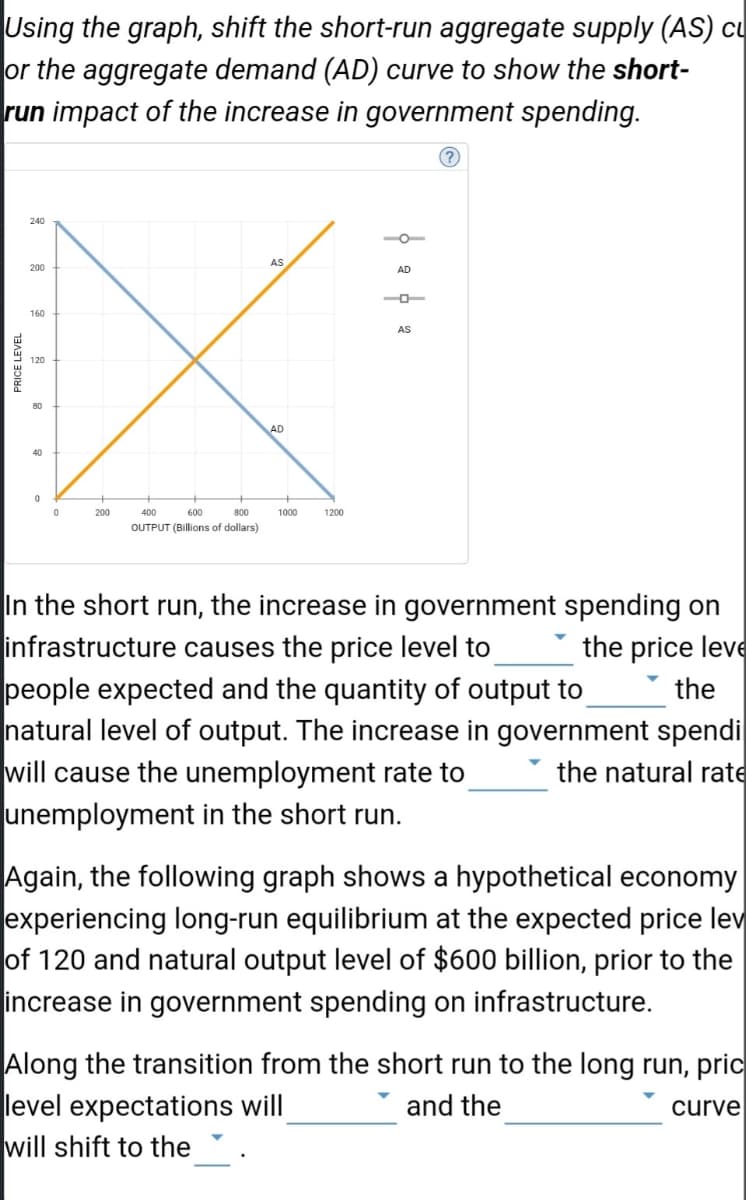Using the graph, shift the short-run aggregate supply (AS) cu
or the aggregate demand (AD) curve to show the short-
run impact of the increase in government spending.
(?)
AS
160
X
AD
400
600
800
1000
OUTPUT (Billions of dollars)
PRICE LEVEL
240
200
80
40
0
200
1200
фефе
AS
the price leve
the
In the short run, the increase in government spending on
infrastructure causes the price level to
people expected and the quantity of output to
natural level of output. The increase in government spendi
will cause the unemployment rate to
unemployment in the short run.
the natural rate
Again, the following graph shows a hypothetical economy
experiencing long-run equilibrium at the expected price lev
of 120 and natural output level of $600 billion, prior to the
increase in government spending on infrastructure.
Along the transition from the short run to the long run, pric
level expectations will
and the
curve
will shift to the