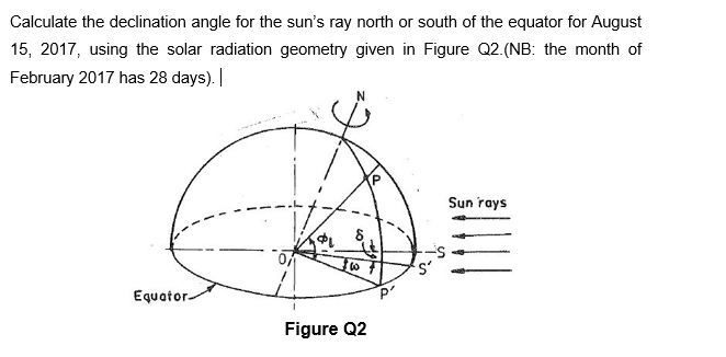 Calculate the declination angle for the sun's ray north or south of the equator for August
15, 2017, using the solar radiation geometry given in Figure Q2.(NB: the month of
February 2017 has 28 days).|
Sun rays
Equator-
Figure Q2
