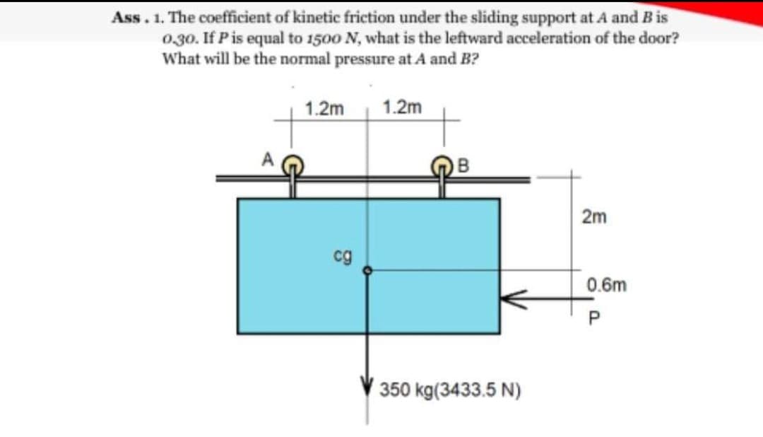 Ass. 1. The coefficient of kinetic friction under the sliding support at A and B is
0.30. If Pis equal to 1500 N, what is the leftward acceleration of the door?
What will be the normal pressure at A and B?
1.2m
1.2m
2m
cg
0.6m
350 kg(3433.5 N)
P.
