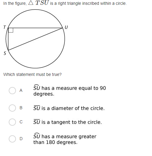 In the figure, A T SU is a right triangle inscribed within a circle.
T
U
Which statement must be true?
Sù has a measure equal to 90
degrees.
A
SU is a diameter of the circle.
B
SU is a tangent to the circle.
Sú has a measure greater
than 180 degrees.
