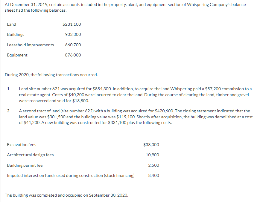 At December 31, 2019, certain accounts included in the property, plant, and equipment section of Whispering Company's balance
sheet had the following balances.
Land
Buildings
Leasehold improvements
Equipment
1.
During 2020, the following transactions occurred.
2.
$231,100
903,300
660,700
876,000
Land site number 621 was acquired for $854,300. In addition, to acquire the land Whispering paid a $57,200 commission to a
real estate agent. Costs of $40,200 were incurred to clear the land. During the course of clearing the land, timber and gravel
were recovered and sold for $13,800.
Excavation fees
A second tract of land (site number 622) with a building was acquired for $420,600. The closing statement indicated that the
land value was $301,500 and the building value was $119,100. Shortly after acquisition, the building was demolished at a cost
of $41,200. A new building was constructed for $331,100 plus the following costs.
Architectural design fees
Building permit fee
Imputed interest on funds used during construction (stock financing)
The building was completed and occupied on September 30, 2020.
$38,000
10,900
2,500
8,400