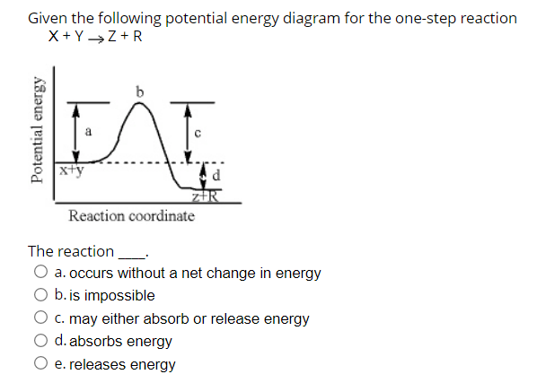 Given the following potential energy diagram for the one-step reaction
X+Y→Z +R
b
a
x+y
Reaction coordinate
The reaction
a. occurs without a net change in energy
b.is impossible
O c. may either absorb or release energy
O d. absorbs energy
O e. releases energy
Potential energy
