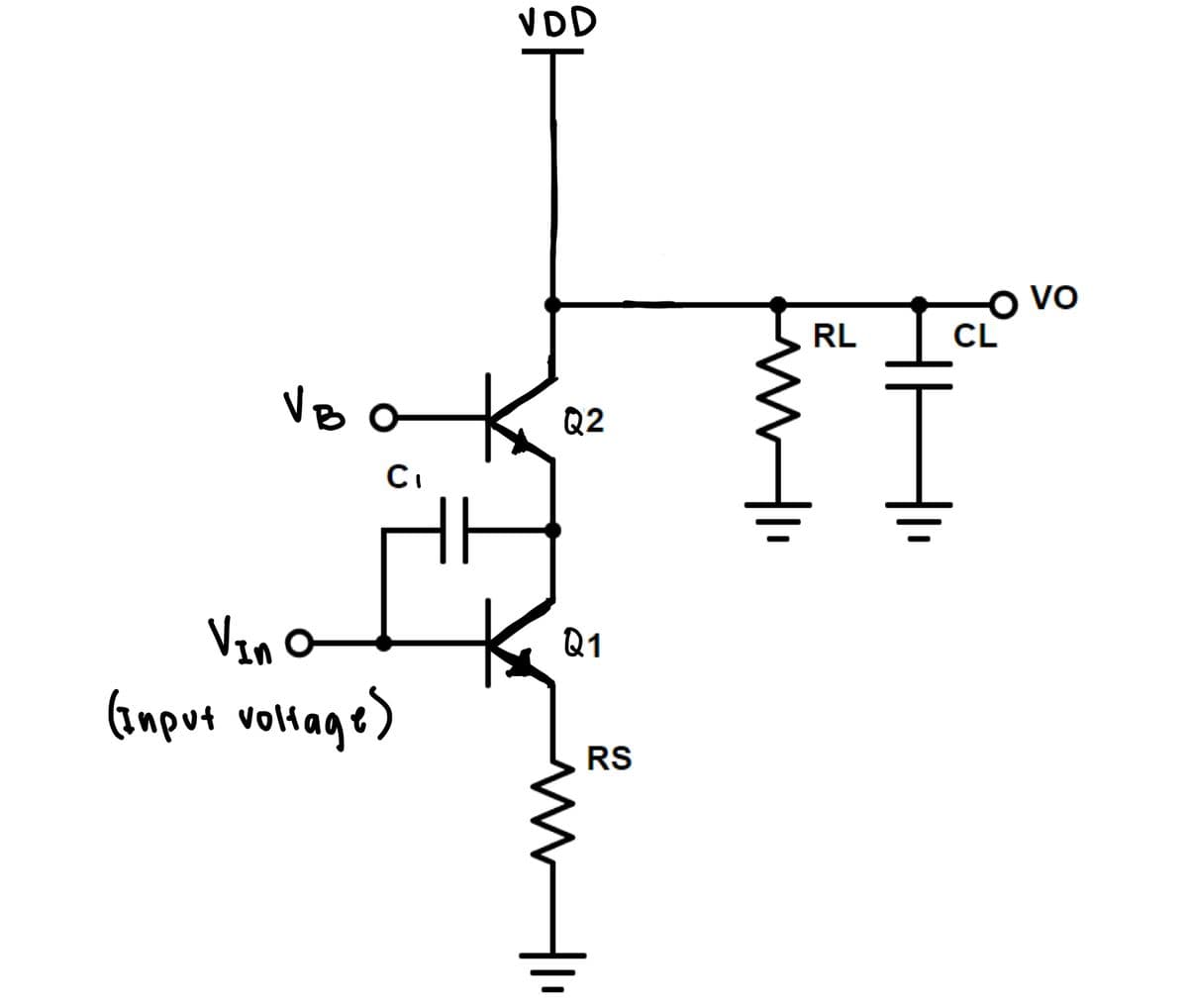 VB
C₁
YE
VDD
Vin O
(Input voltage)
Q2
Q1
RS
RL
O VO
CL